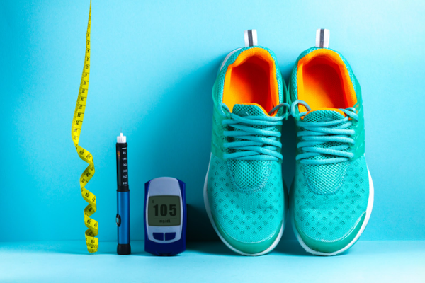 A waist measuring tape, a smart pen, a glucose monitor, and running shoes