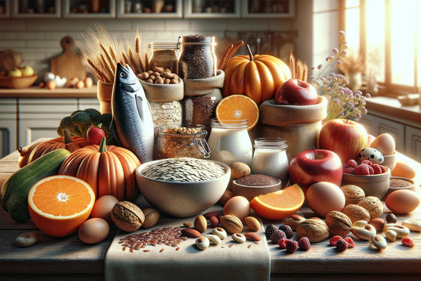 A variety of healthy foods: fish, citrus fruits, beans, oats, flaxseed, pumpkin, nuts, eggs, yoghurt, and apples